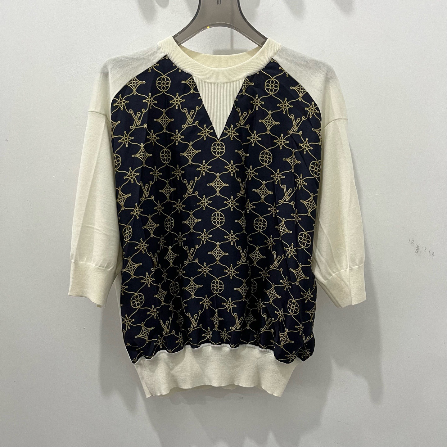 99新 LouisVuitton/路易威登 棕色拼接满印七分袖针织衫XS码