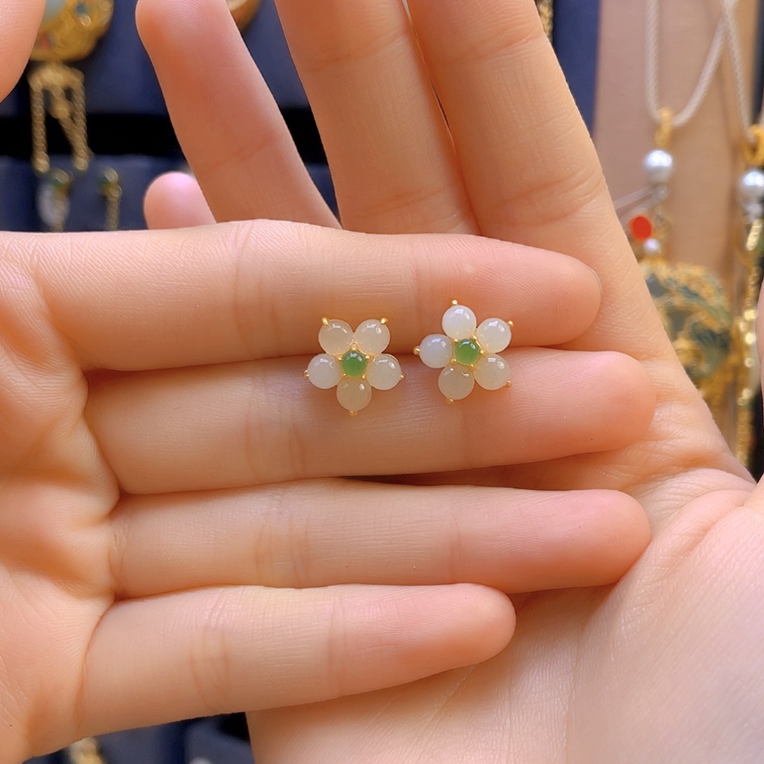 和田玉耳饰银S925镀金镶嵌