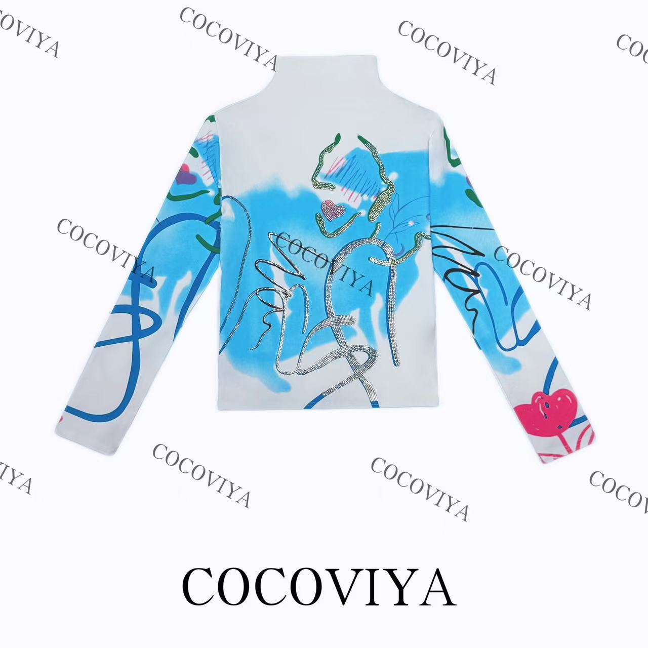 【C】COCOVIYA潮牌加绒艺术涂鸦高领衫闪钻线条印花26C-576