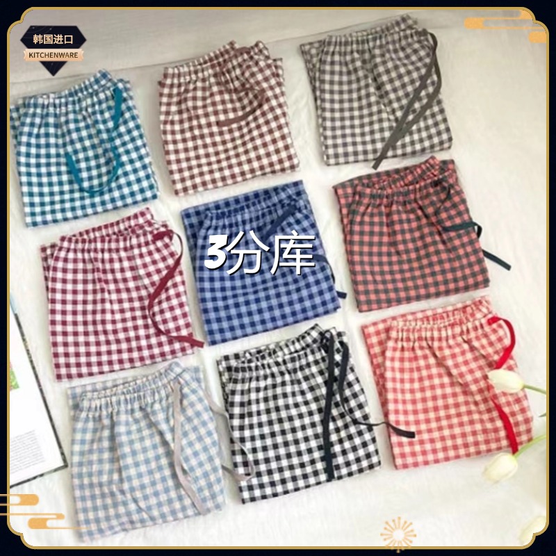 韩百-韩国原装进口--夏天居家裤彩色格子睡裤3分裤,居家三分裤