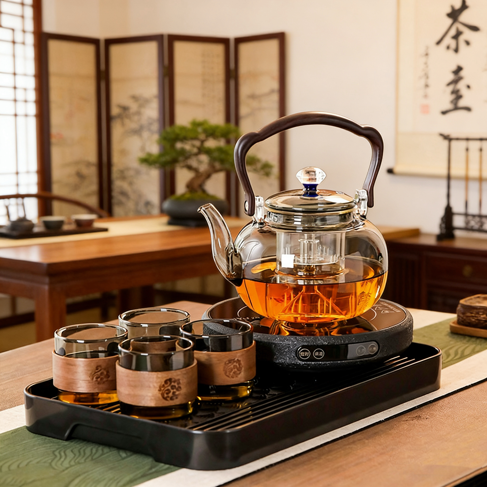 超薄黑冰晶智能多功能小型家用电陶炉煮茶壶泡茶壶套装