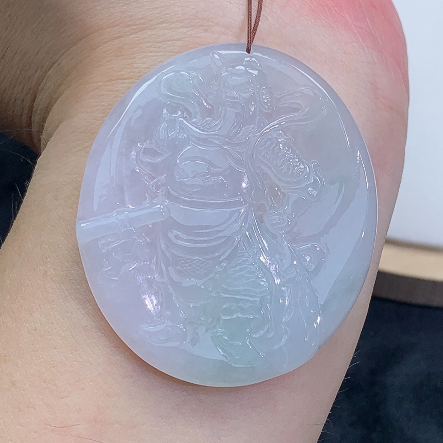 精雕 飘绿 关公 关二爷 吊坠 挂坠 23.07g 缅甸天然A货翡翠玉石