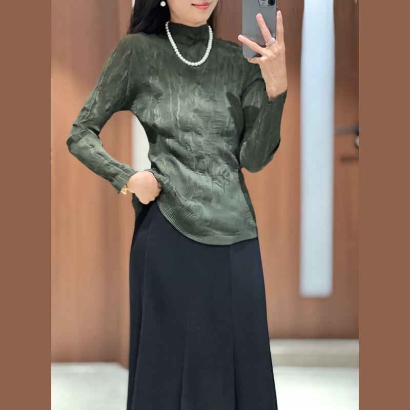 【韩女士穿搭】新款纯色柳条褶皱弹力百搭打底上衣