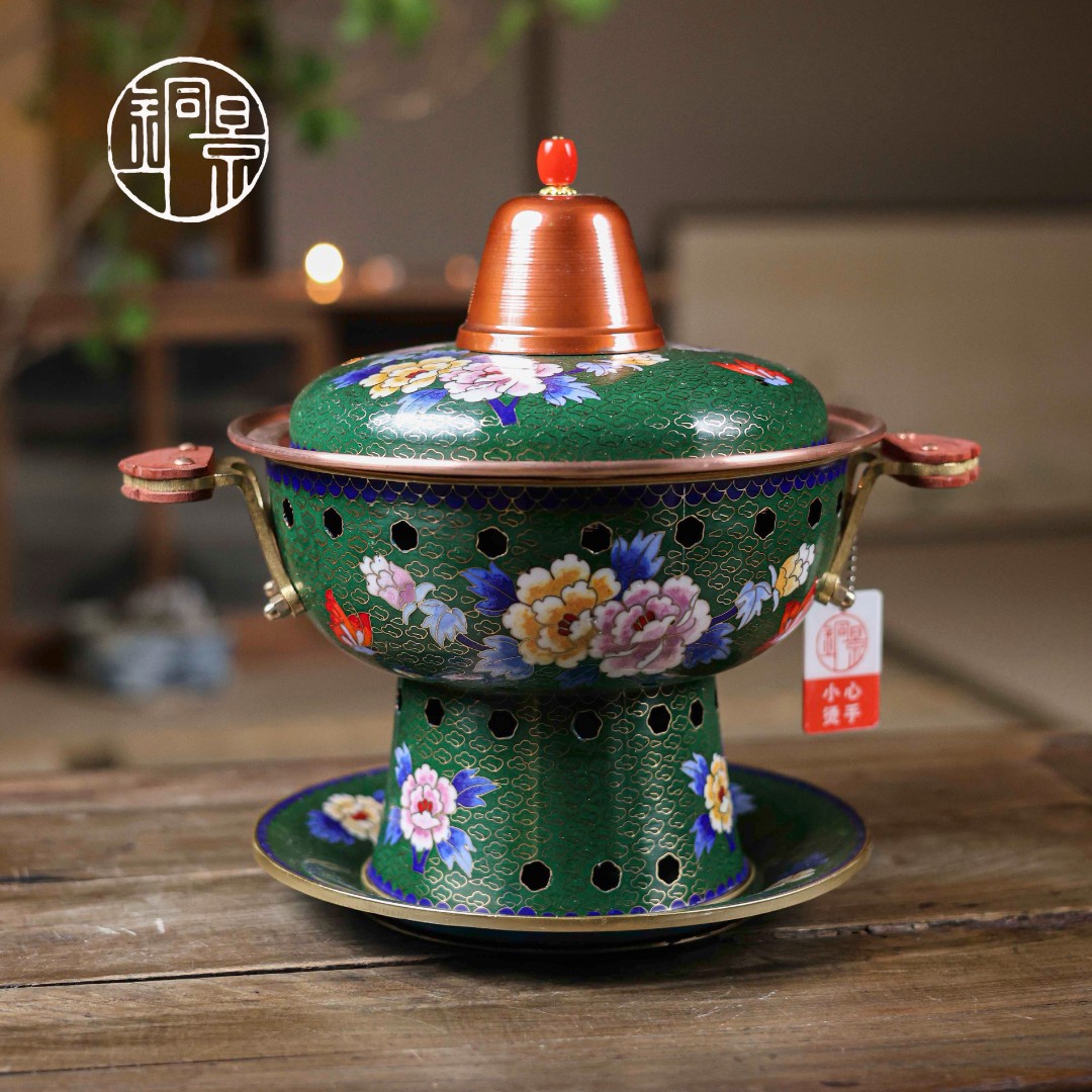 铜景老王｜绿底牡丹｜新荣绩｜非遗景泰蓝铜火锅