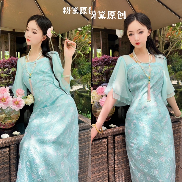 粉黛原创 闲雨春纱 清新刺绣设计感优雅日常修身显瘦改良旗袍裙