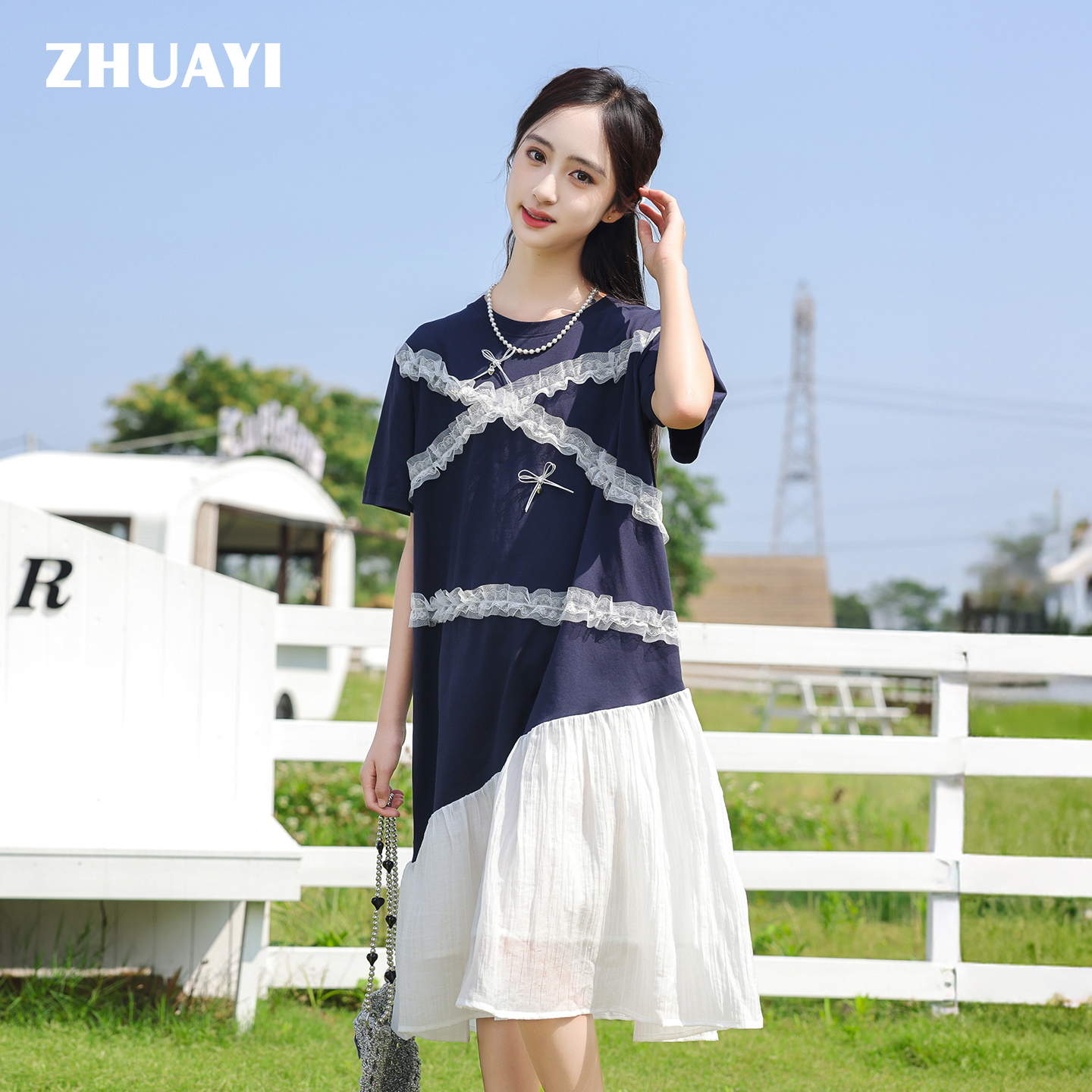 朱阿姨女童夏季韩版轻薄设计感拼接蕾丝连衣裙显瘦裙（25222333）4