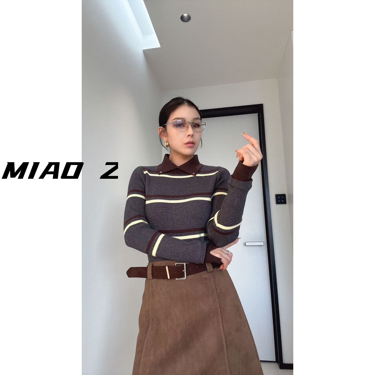 【MIAOZI】冬季简约女条纹翻领冬季针织毛衣