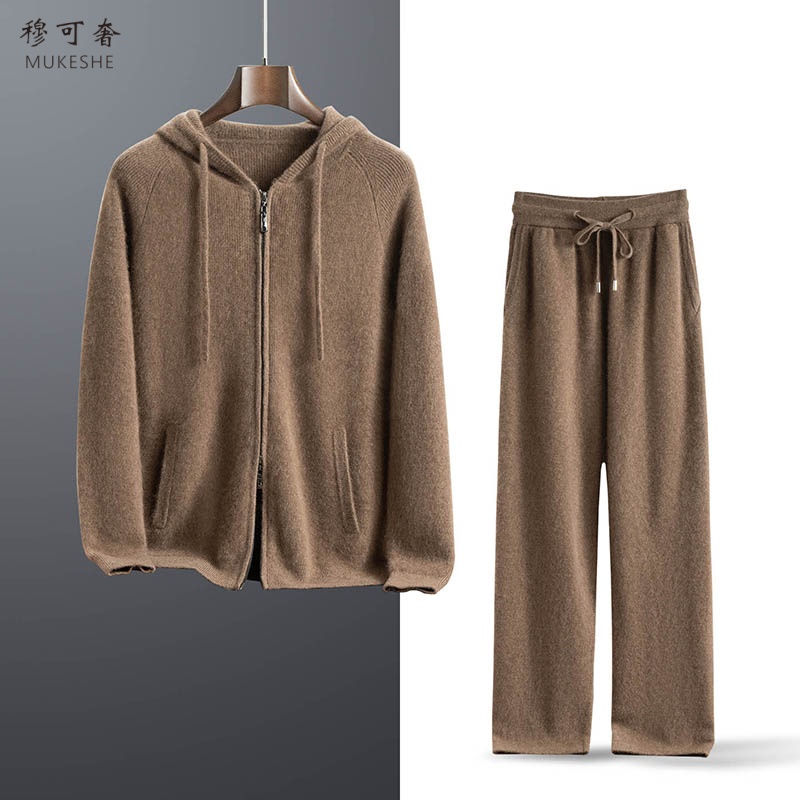 100%山羊绒秋冬季高端休闲套装男士加厚套装大码针织连帽卫衣套装