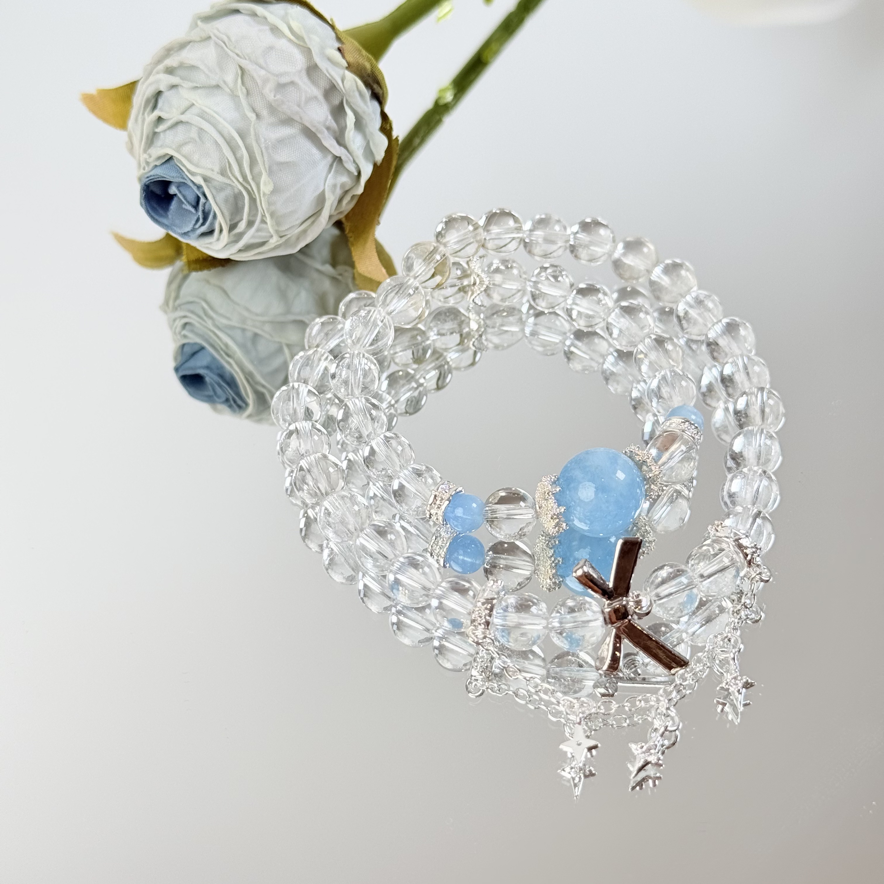 【1345 露露多圈】白水晶海蓝宝8-12mm手串面小仙多样性发其一