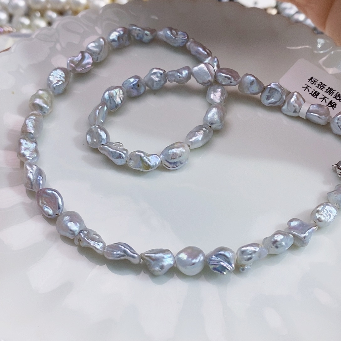 未镶嵌稀有银蓝大keshi项链7-8mm淡水珍珠