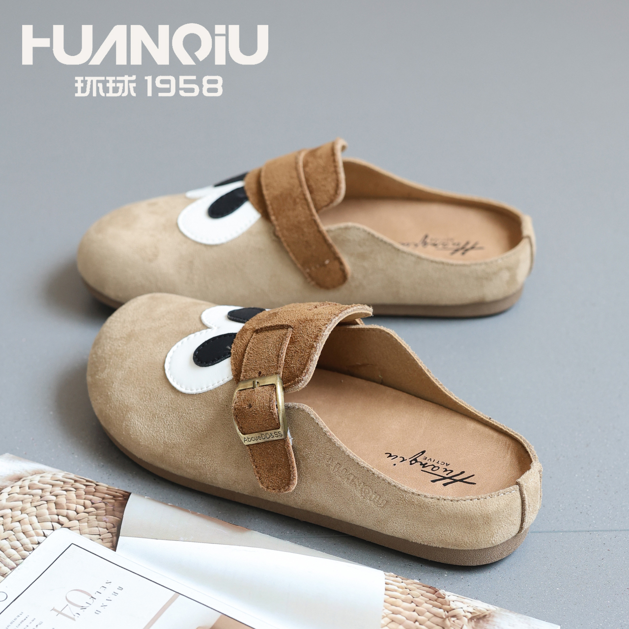 HUANQIU/环球夏季外穿包头勃肯鞋大眼可爱懒人一脚蹬休闲半拖鞋女
