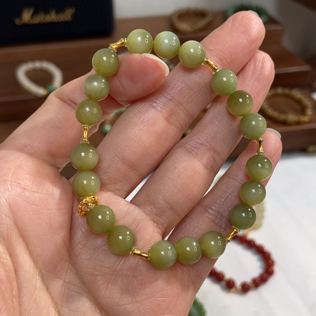 和田玉18K金镶嵌手链8mm黑阳洞碧玉猫精品