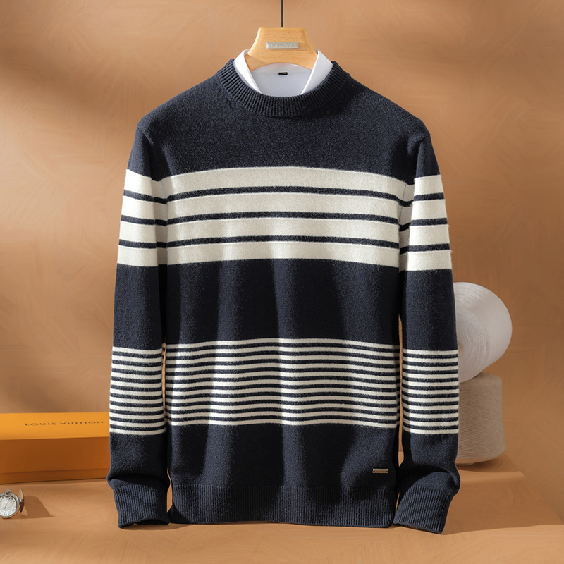 100%山羊绒衫9针双股加厚条纹圆领毛衣休闲套头纯绒套头衫375-465