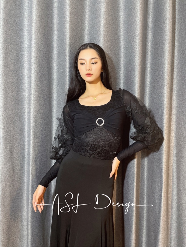 ASL Design秋季新款黑色蕾丝拼接蝴蝶泡泡袖摩登上衣显瘦（合作款）