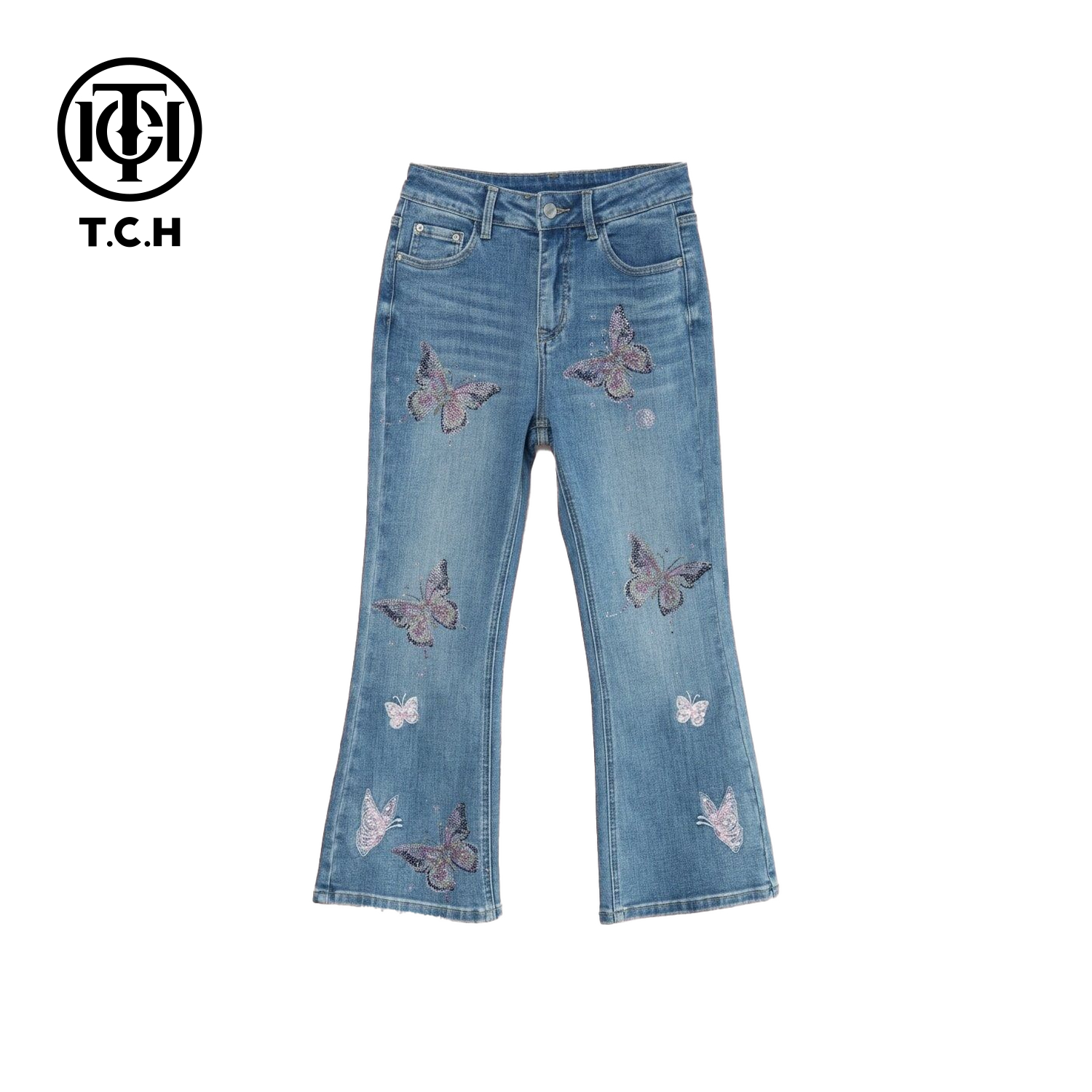 TCH私服高腰修身薄款珍珠刺绣粉钻微喇牛仔蓝色牛仔裤T78A20E1003