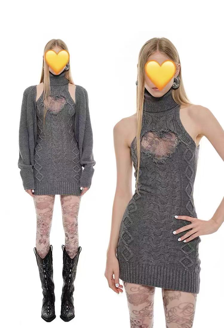 2025秋冬新款纯欲高领针织背心短款裙辣妹收腰显瘦蕾丝镂空毛衣裙