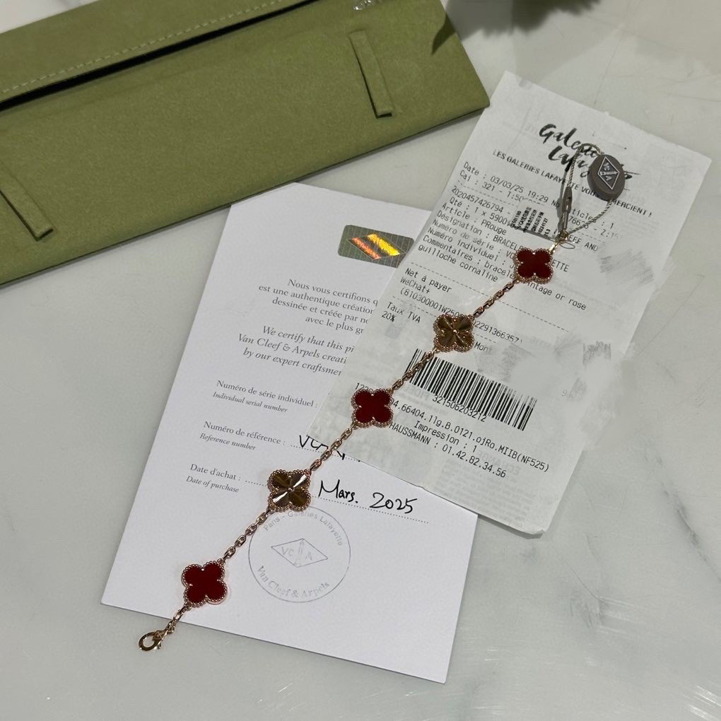 全新未使用 梵克雅宝 玫瑰金红花间镭射五花手链 