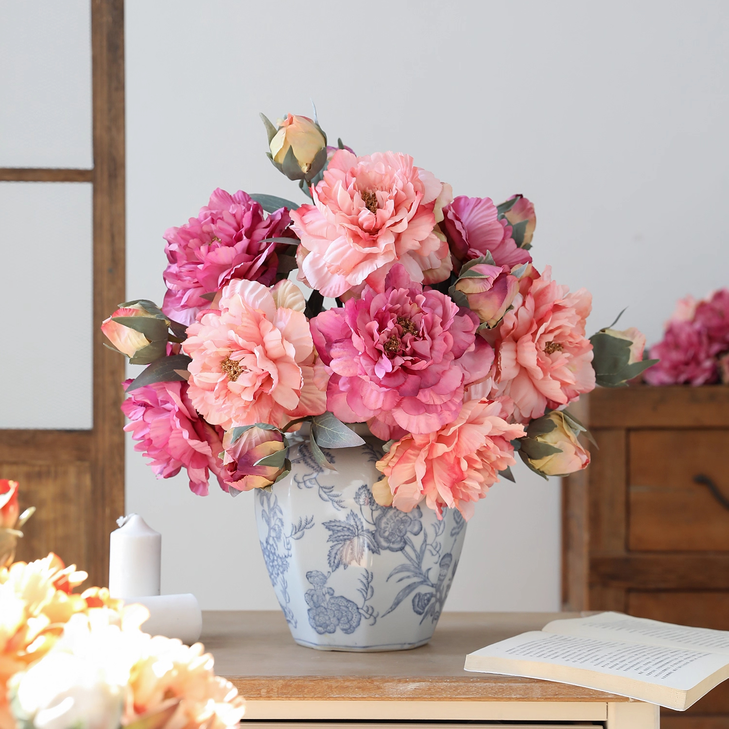 拿铁油画牡丹花仿真花假花摆件客厅芍药餐桌装饰绢花家居花束摆设