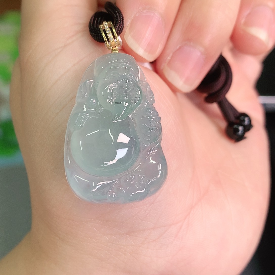 翡翠颈饰18K金镶嵌冰胶老蓝水财神爷23*21.7*6