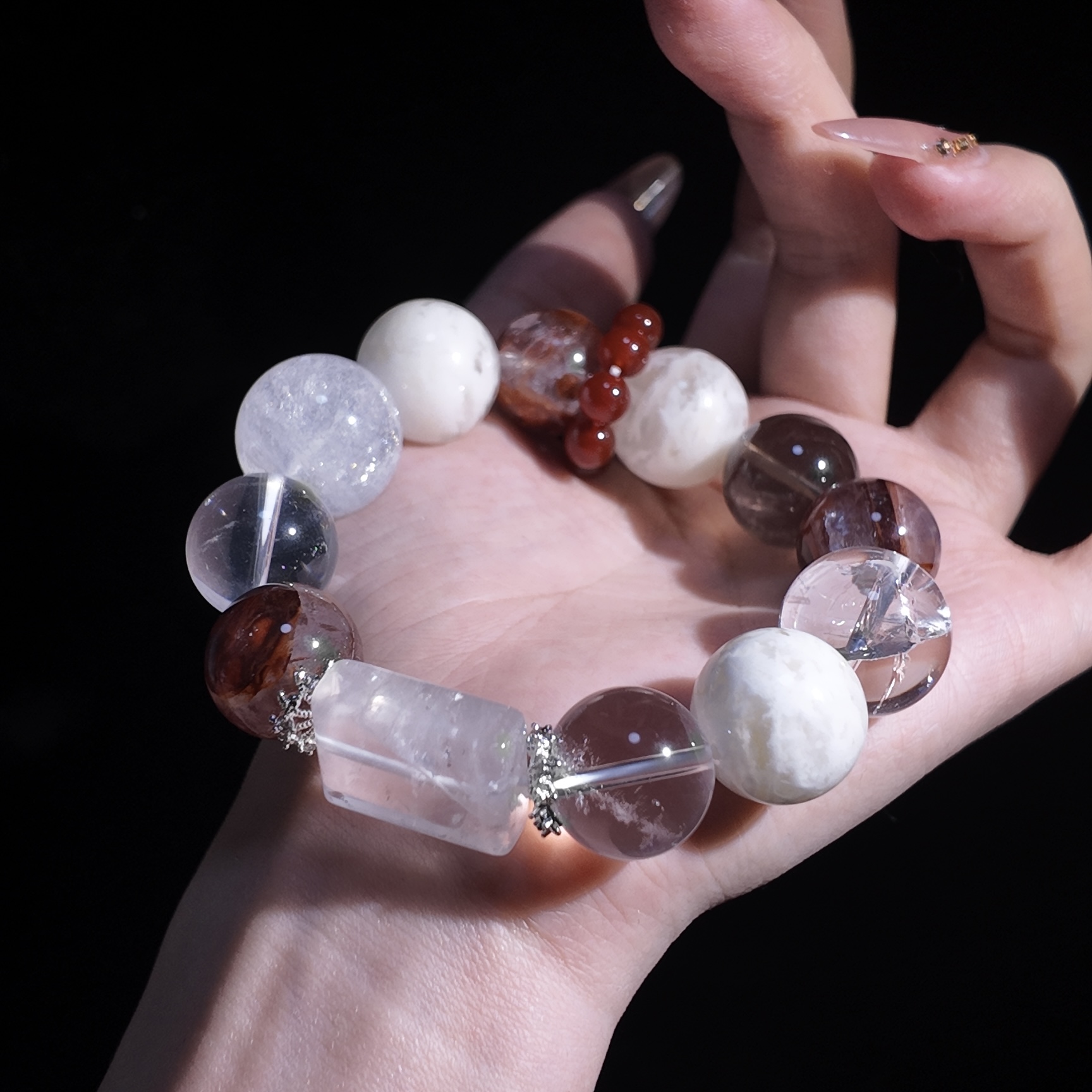 【一汪清泉】天然水晶牛血红胶花白水雪花茶晶阿塞手串