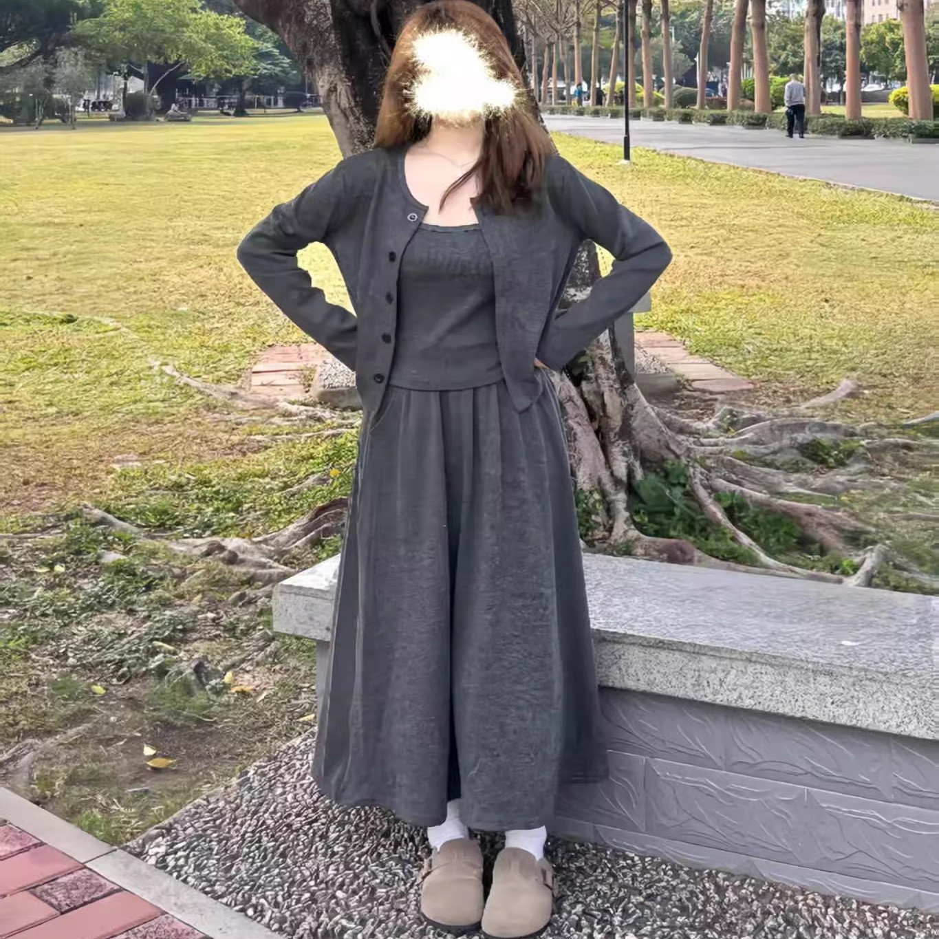 【青青】大码韩系气质针织开衫吊带半身裙三件套女显瘦套装6810
