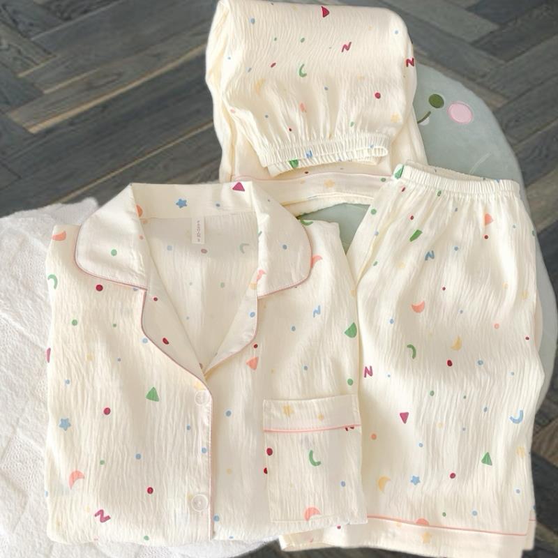 三件套2025新款睡衣女夏季短袖显瘦法式纯欲云朵棉开衫套装家居服