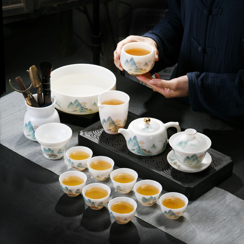 素烧高档茶具套装家用泡茶壶茶杯盖碗千里江山白瓷简约办公室会客
