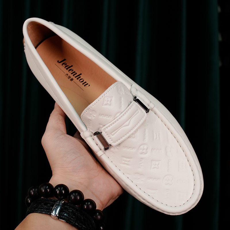 【杰登豪】高端男士豆豆鞋真皮英伦白色百搭休闲时尚乐福鞋舒适透气