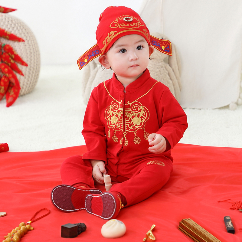 婴儿长袖连体衣春秋哈衣宝宝满月百天周岁服抓周礼服状元服1901