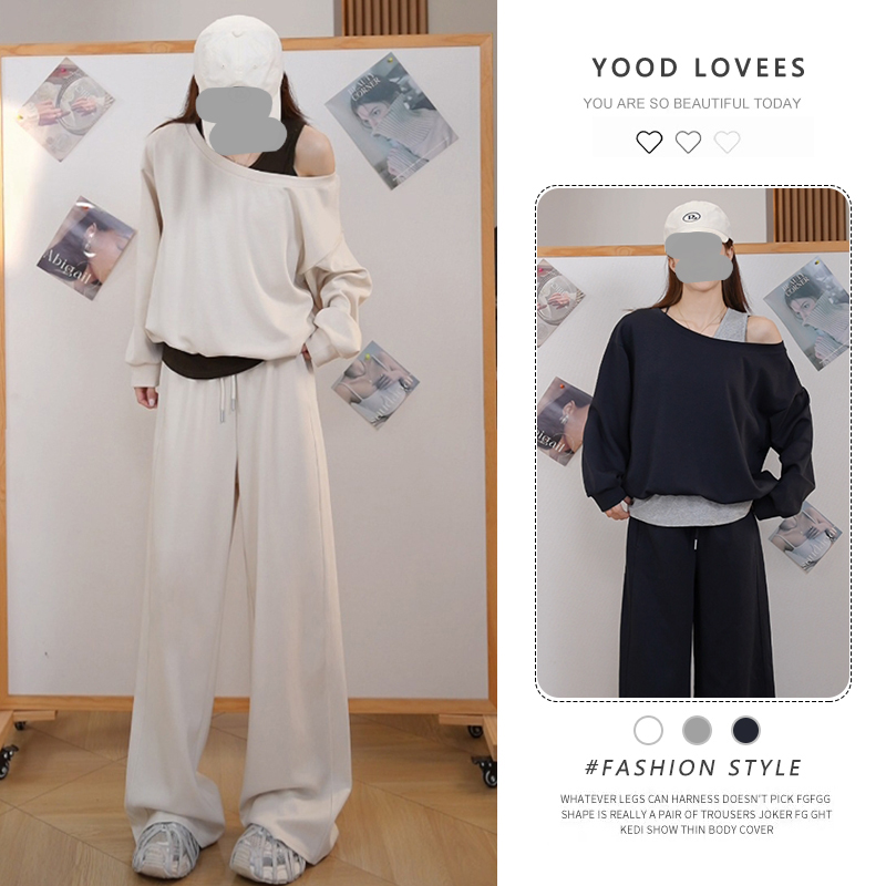 2025年春秋新款斜肩假两件卫衣+休闲阔腿裤套装女轻熟风两件套潮