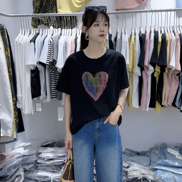 爱心字母印花T恤女2025夏季新款韩版宽松大版显瘦胖MM打底衫潮
