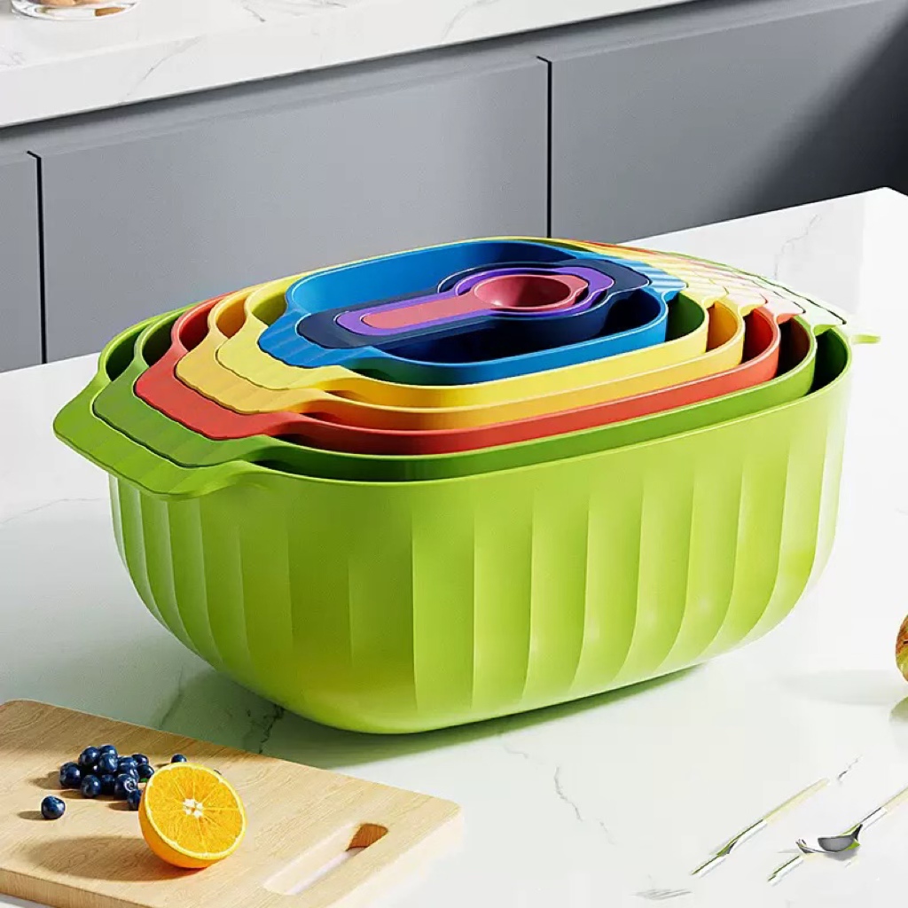 家用多巴胺沥水篮九件套 多功能洗菜沥水盆实物收纳篮蛋清分离勺