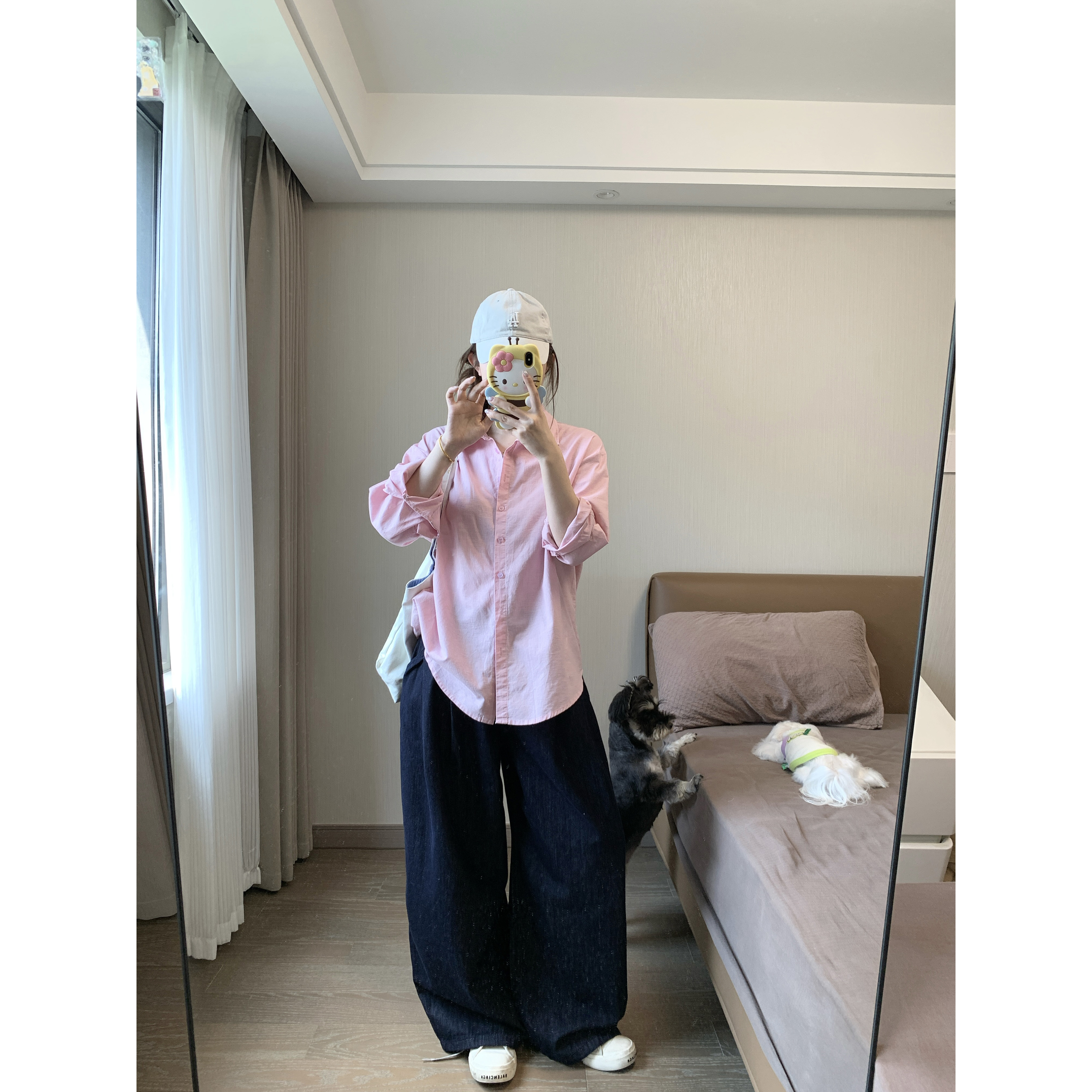 小沈美眉微胖梨形显瘦条纹丝巾牛仔裤秋高腰宽松直筒阔腿长裤子女