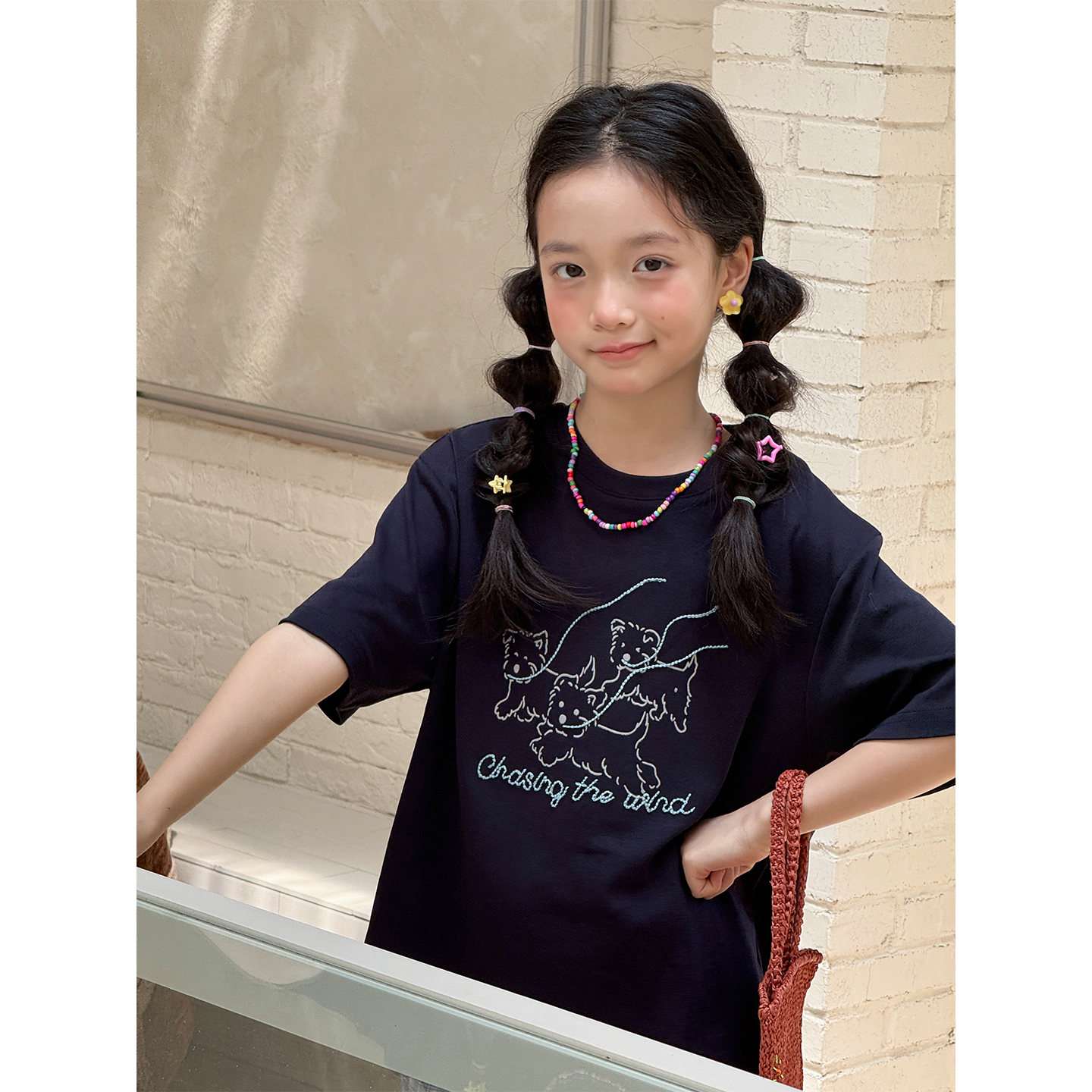 Q阿湫夏款女大童韩版可爱追风线条小狗印花休闲套头短袖T恤AQ0027