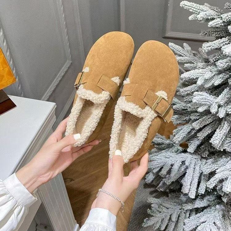 秋冬加绒一脚蹬女鞋中国码勃肯鞋棕色系