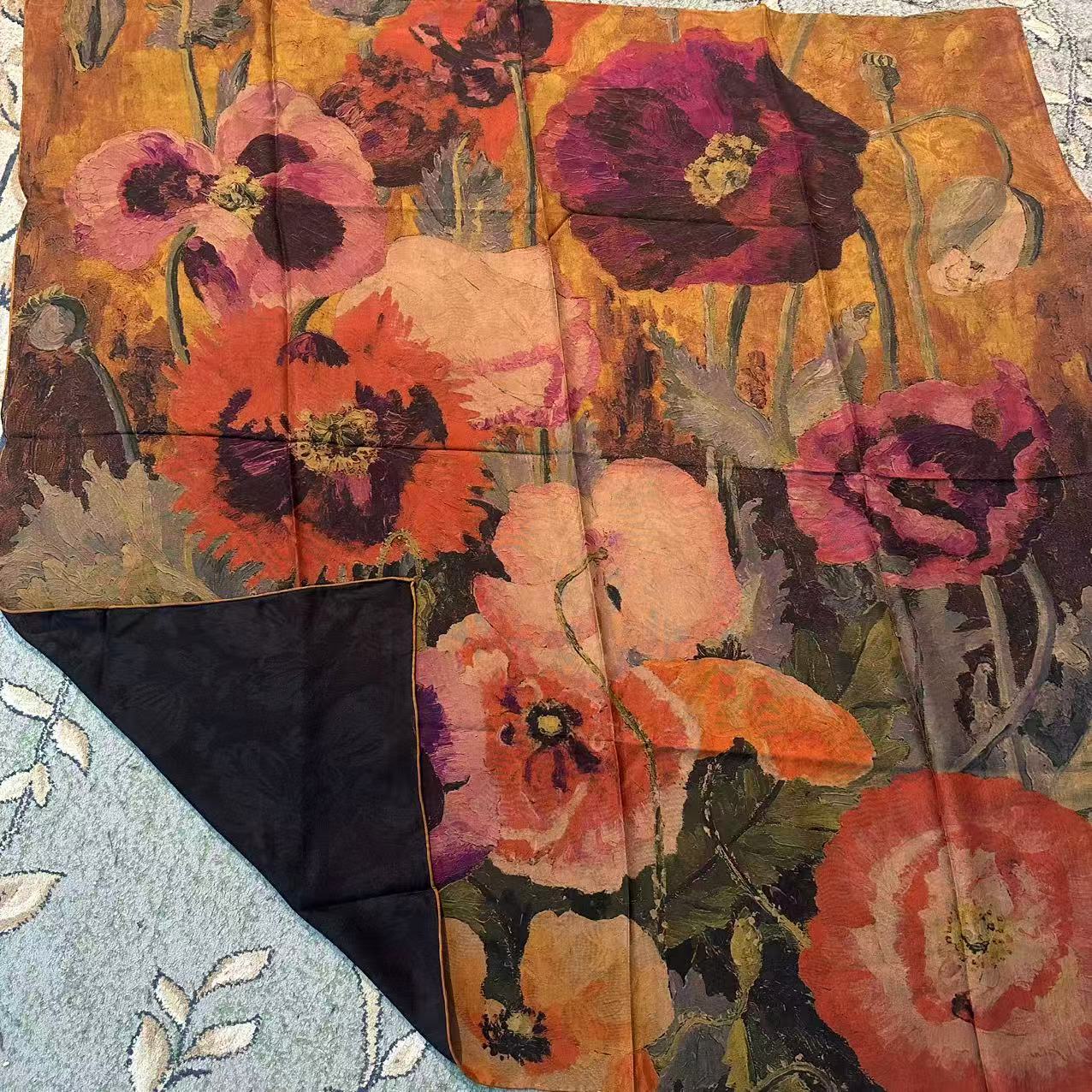 140香云纱四经绞罗方巾-郁花烂漫  135cm丝巾