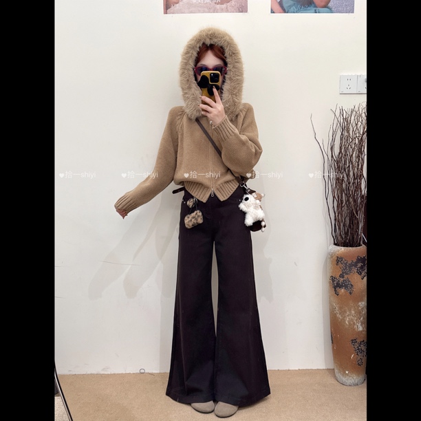 拾一【奶茶泡芙】可拆卸毛领双拉链毛衣