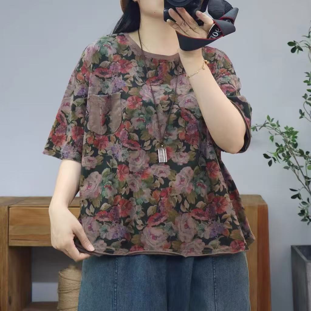 14059新款夏季名族风复古印花百搭碎花T恤