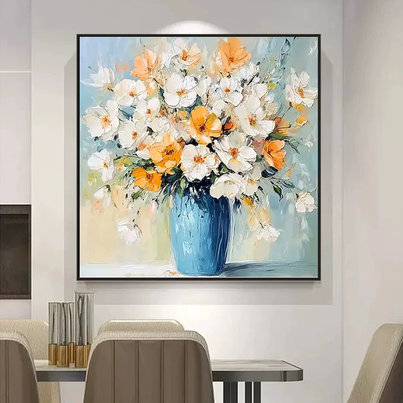  手绘油画《绽放》花卉方形餐厅背景墙装饰画客厅玄关肌理抽象挂画