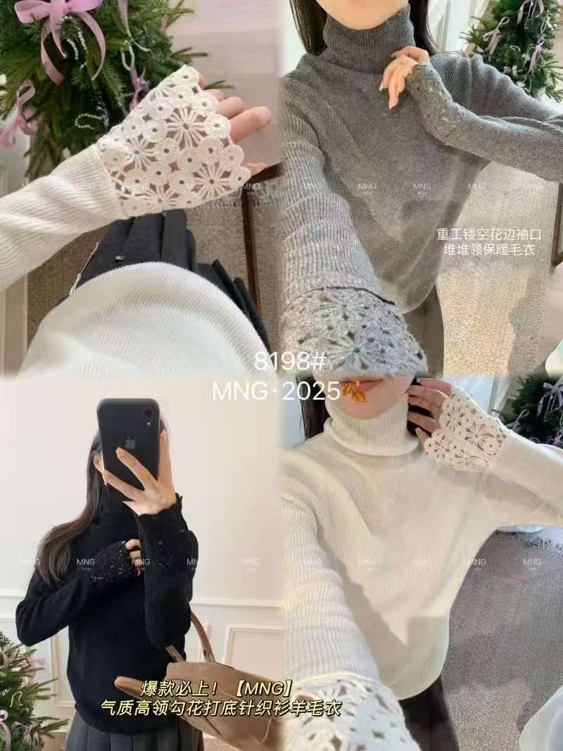 【美丽姐】袖口花边毛衣气质保暖勾花套头加厚