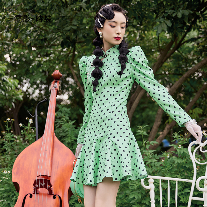 【蜜思仝】一电影一时装波点长袖荷叶边修身旗袍连衣裙FEAX116631