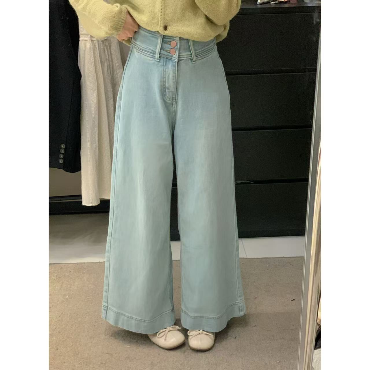 一颗晏 韩版小清新宽松显瘦阔腿牛仔裤