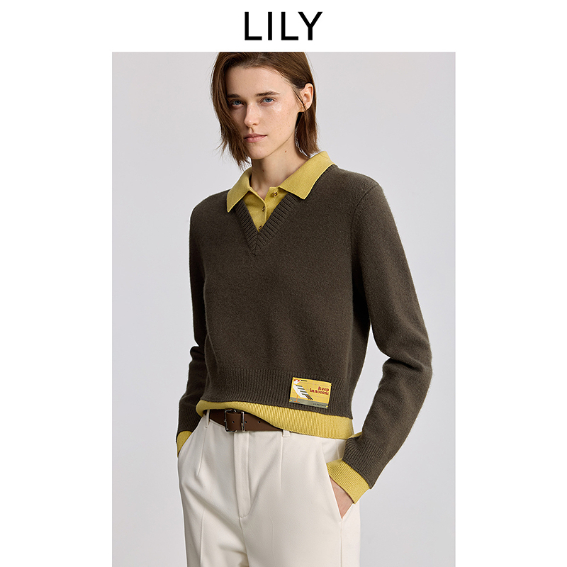 100%羊毛LILY2025冬新款复古假两件针织衫套头毛衣女125409TK322
