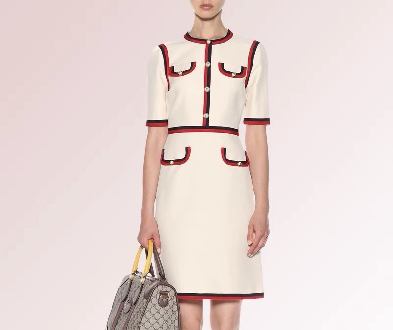 95新 GUCCI/古驰 San055 古驰/Gucci 白色珍珠logo连衣裙 