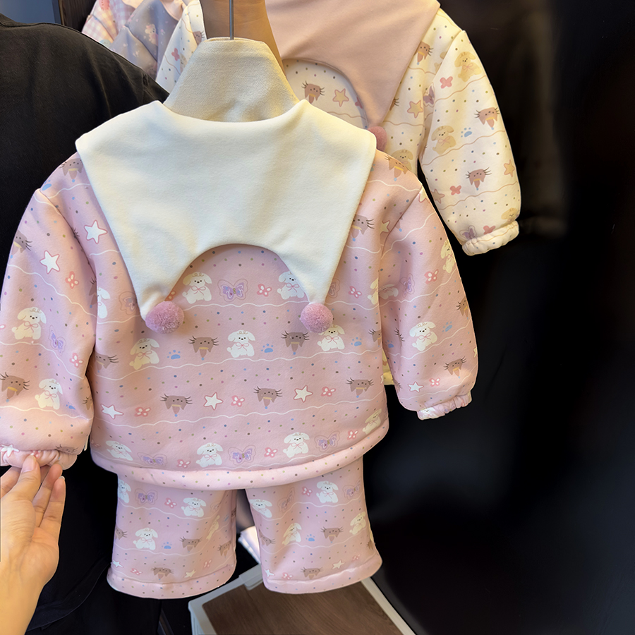 童装女童2025冬装加厚加绒睡衣两件套女宝宝大翻领公主家居服保暖