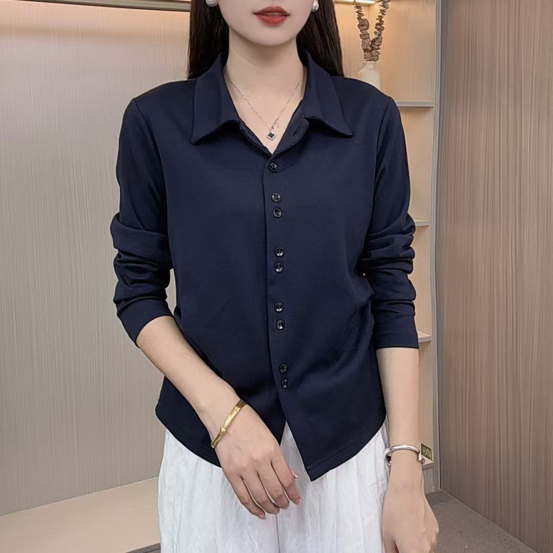 2025秋季女士新款休闲时尚显瘦气质洋气百搭简约打底纯色长袖衬衫