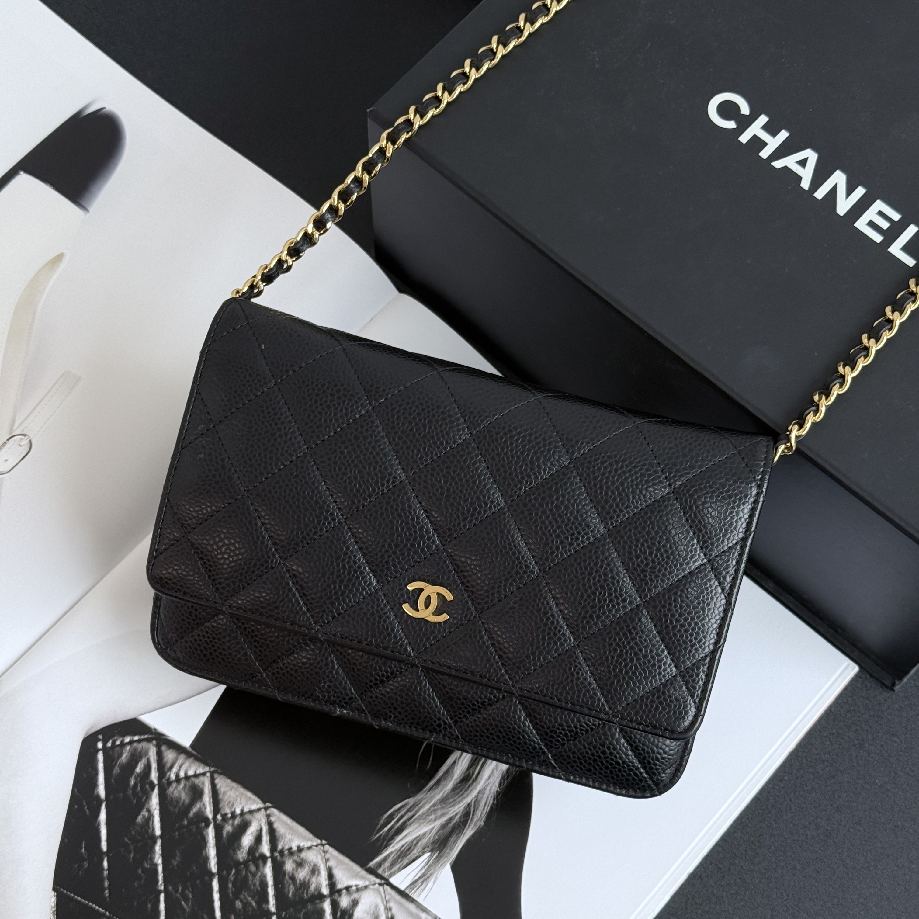 95新 Chanel/香奈儿 香奈儿黑金荔枝皮发财woc单肩斜挎包 