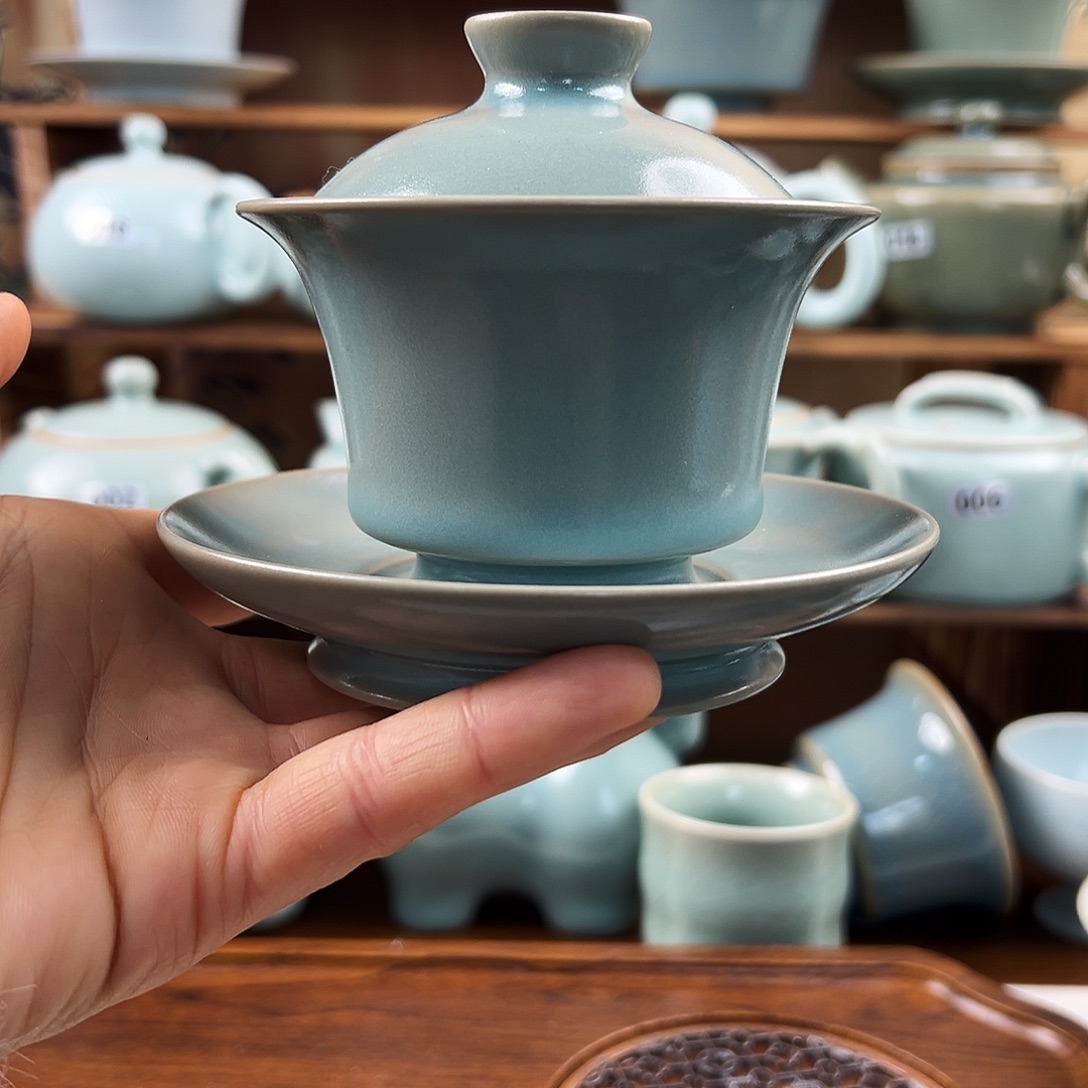 仿古釉三才马蹄盖碗手工