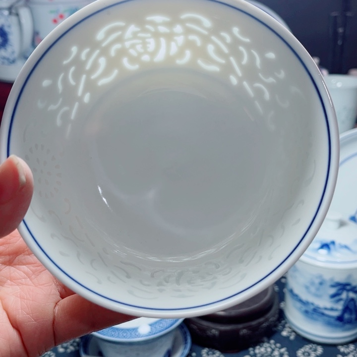 青花玲珑5寸饭碗满雕双福双线10个安*