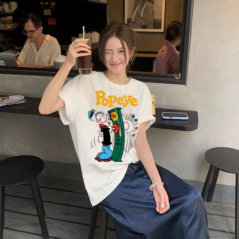大力水手纯棉短袖女t恤时尚百搭卡通洋气上衣女款夏季高级感男女t